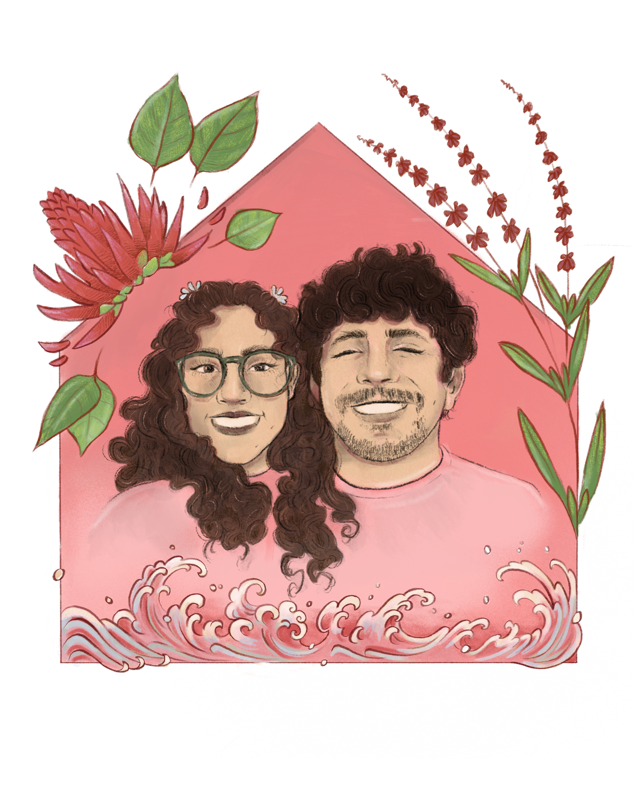 Ilustración de una pareja feliz con embolina y olas en la parte inferior, rodeada de plantas y flores, con un fondo rojo y detalles de hojas verdes.