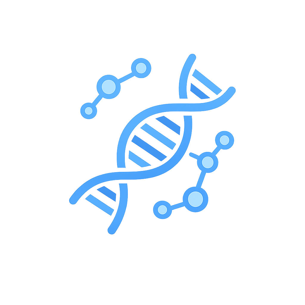 Digital illustration of a DNA double helix with molecular structure elements, in blue tones.