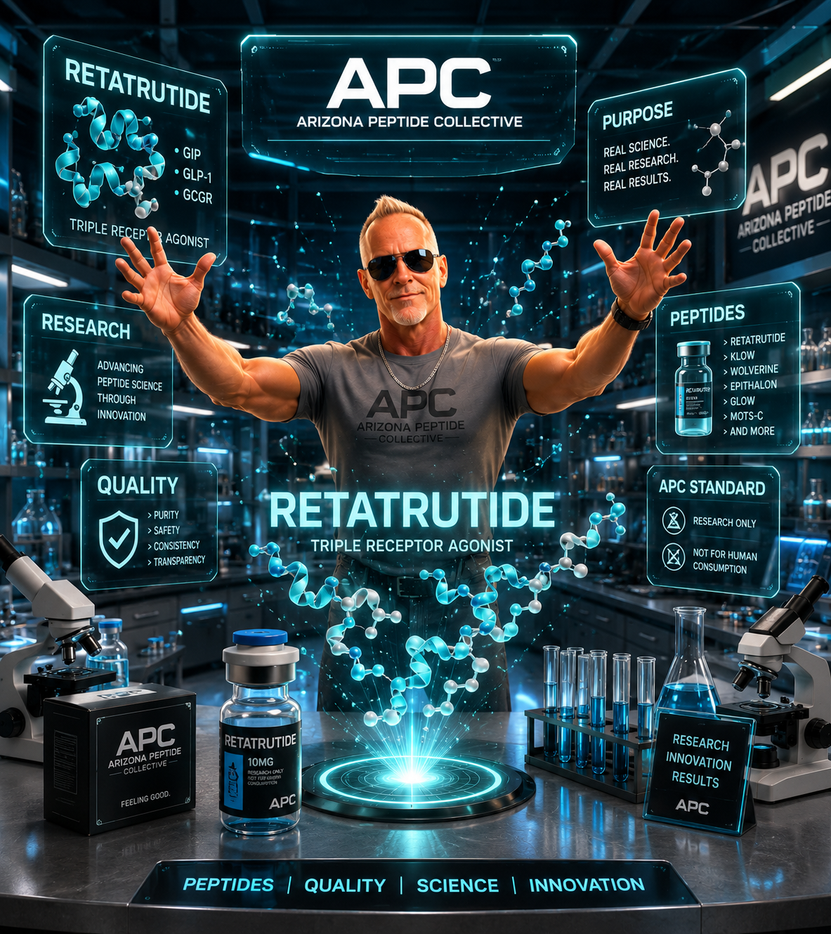 A man wearing sunglasses and a t-shirt labeled 'APC Arizona Peptide Collective' stands in a laboratory with futuristic holographic displays about peptides, research, and science. The lab contains lab equipment, test tubes, and bottles labeled 'Retatrutide'.