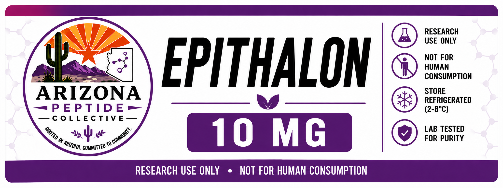 Label for Arizona peptide product with purple, orange, and white color scheme. Features a cactus, mountains, sun, molecular structure, and text including 'Arizona Peptide Collective,' 'Epithalon 10 MG,' and usage instructions: 'research use only,' 'not for human consumption,' 'store refrigerated,' and 'lab tested for purity.'
