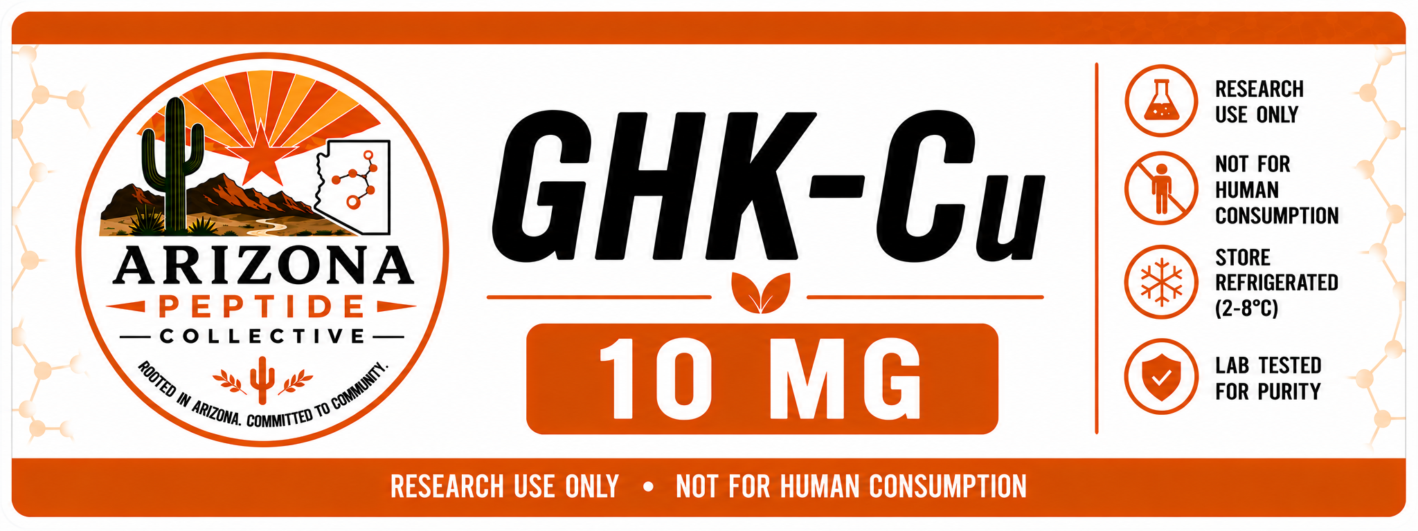 Label for Arizona Peptide Collective, featuring a cactus, mountains, and a star, indicating it is for research use only and not for human consumption, storing refrigerated at 2-8 degrees Celsius, lab tested for purity, with warnings and instructions.