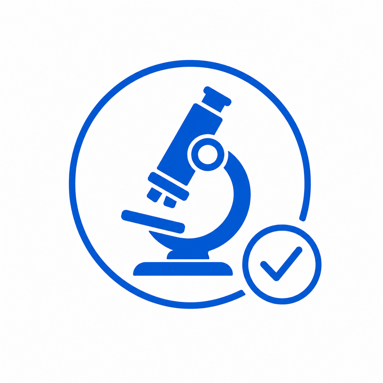 Blue icon of a microscope with a checkmark inside a circle, indicating approval or validation.