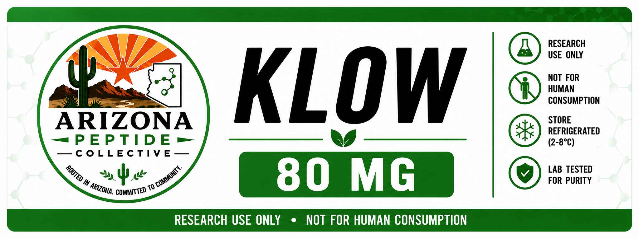 A label for Arizona Peptide Collective indicating a product with 80 mg of a substance. The label features a desert scene with a cactus, mountains, and a sunset. It states the product is for research use only, not for human consumption, stored refrigerated between 2-8°C, and lab tested for purity.