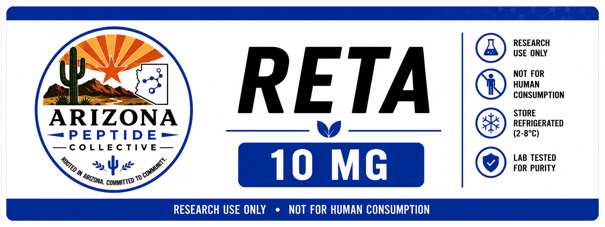 Label for Arizona Peptide Collective, research use only, not for human consumption, store refrigerated 2-8°C, lab tested for purity, 10 mg of peptide, featuring the Arizona Peptide Collective logo with desert landscape, cactus, mountains, and sunset.