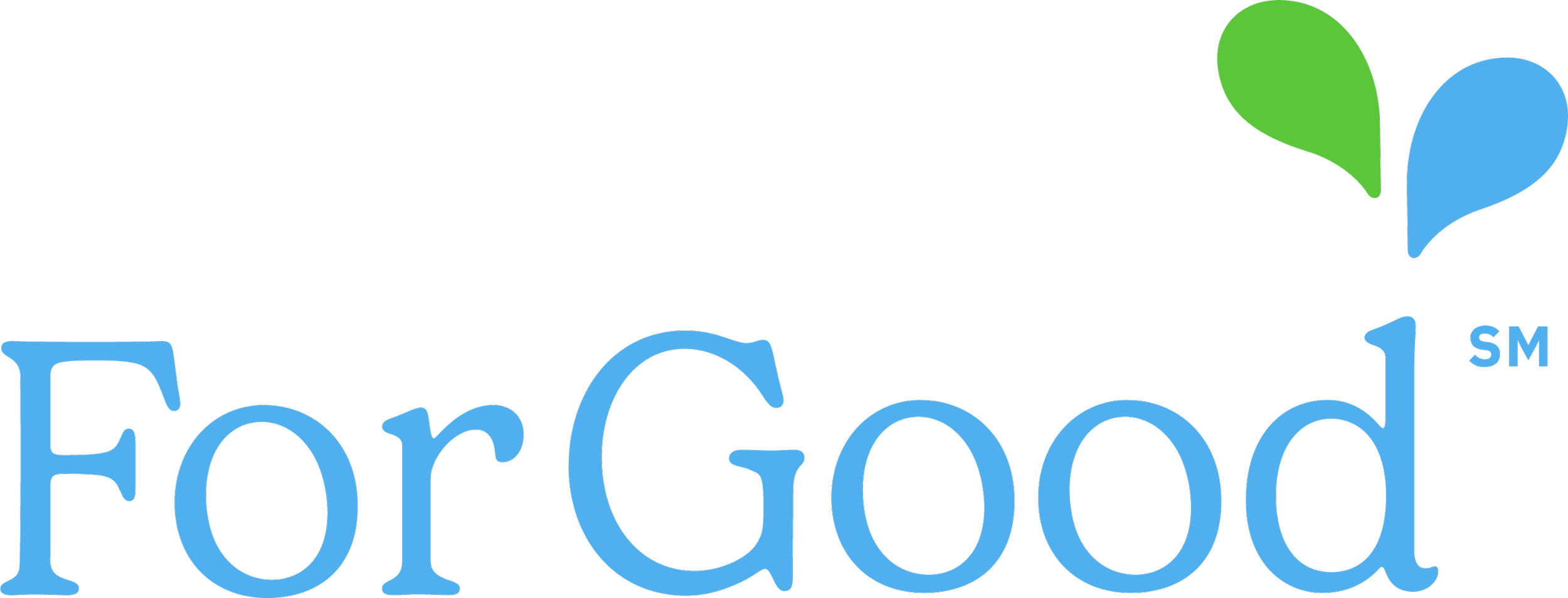 Logo of For Good, with blue text and a green and blue leaf symbol.