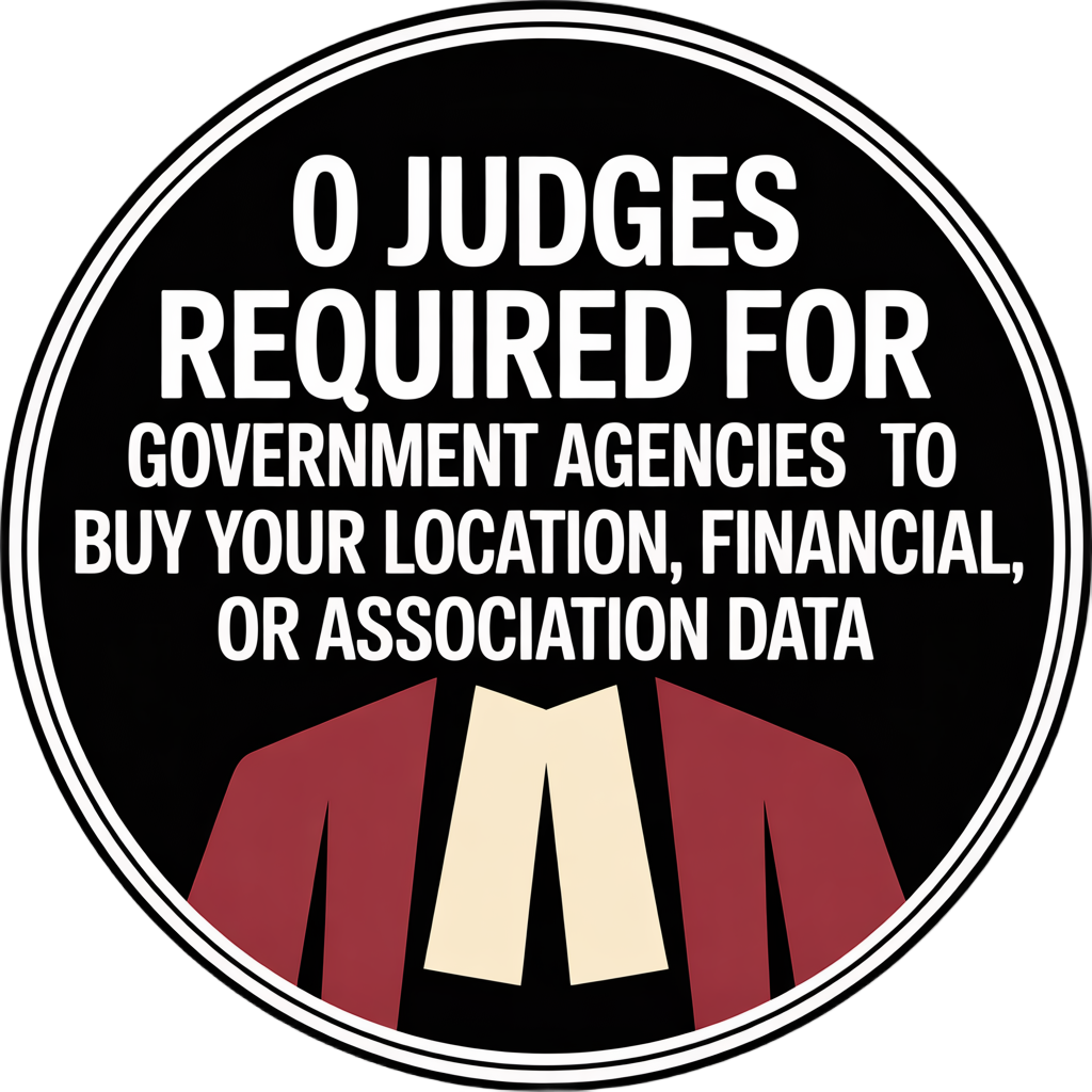 Round black sign with white text stating "0 JUDGES REQUIRED FOR GOVERNMENT AGENCIES TO BUY YOUR LOCATION, FINANCIAL, OR ASSOCIATION DATA" and a stylized graphic of a judge's wig at the bottom.