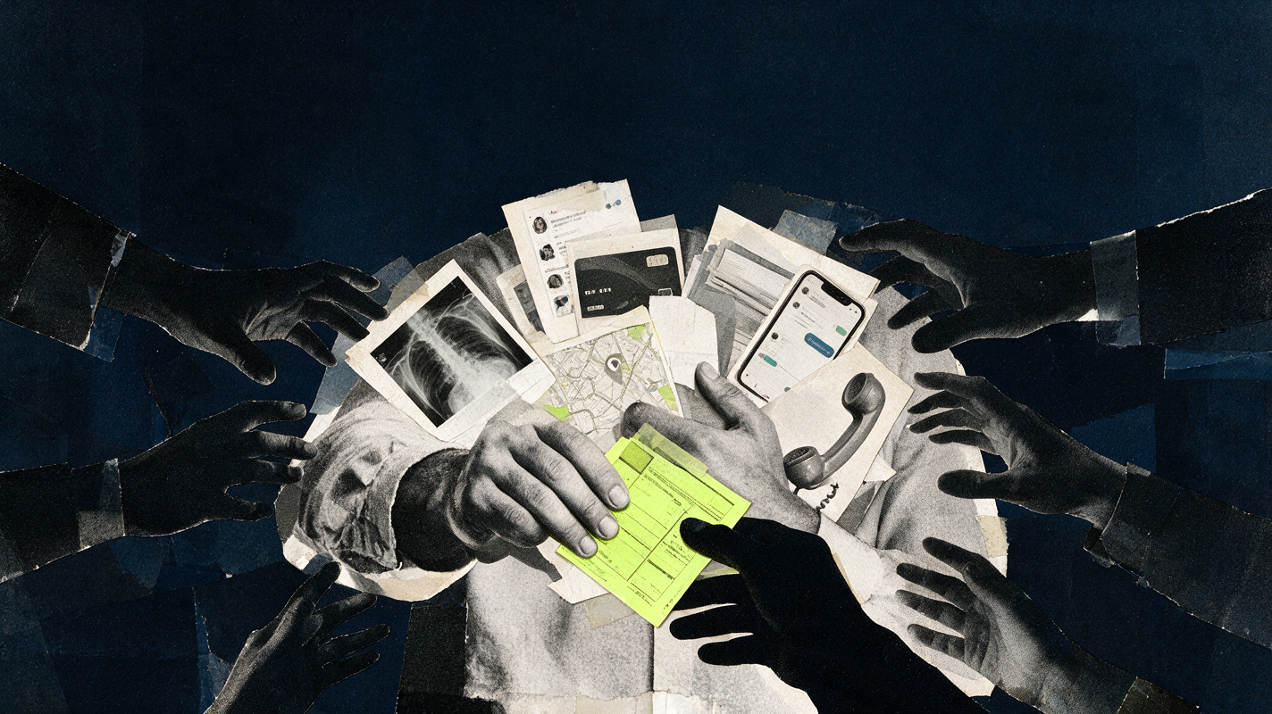 Multiple hands reaching for documents, including a hospital receipt, a city map, a smartphone with messaging app, and an x-ray image, on a dark background.