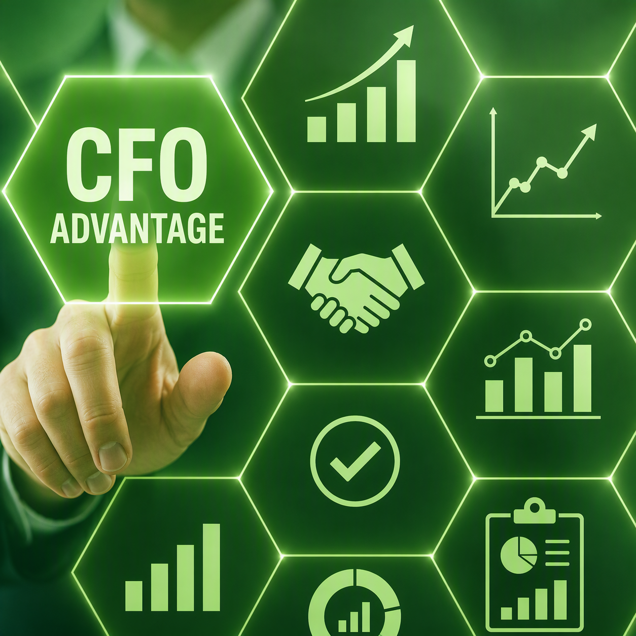 A digital graphic showing the words 'CFO Advantage' in a green hexagon, surrounded by icons representing growth graphs, a handshake, a checkmark, and data charts, with a person's hand pointing at the main hexagon.