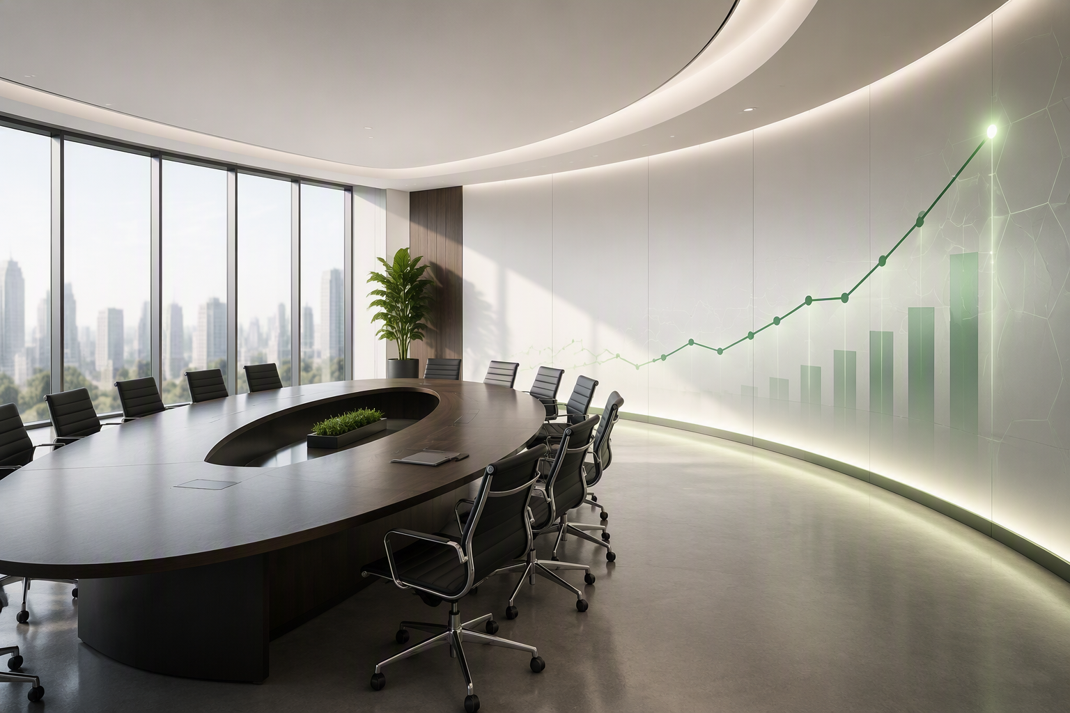 Modern conference room with a large curved table, black chairs, and floor-to-ceiling windows showing city skyline. Wall displays a green upward trending stock graph.