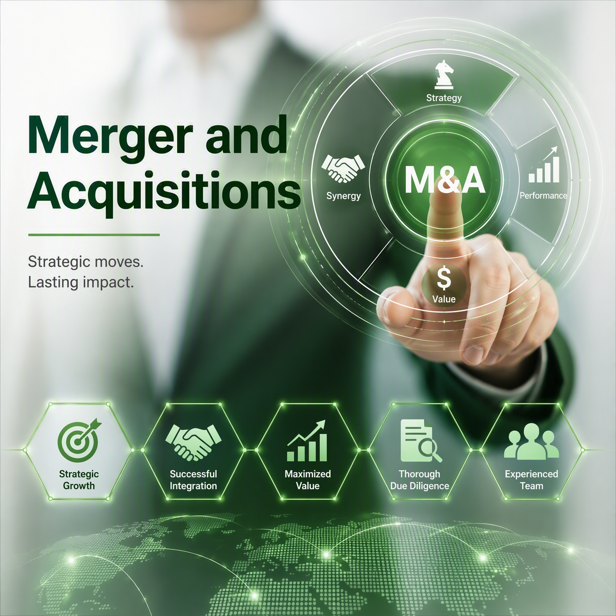 A business professional in a suit interacts with a virtual interface displaying icons and text related to merger and acquisition strategies, including strategy, synergy, performance, value, and other benefits, with a world map in the background.