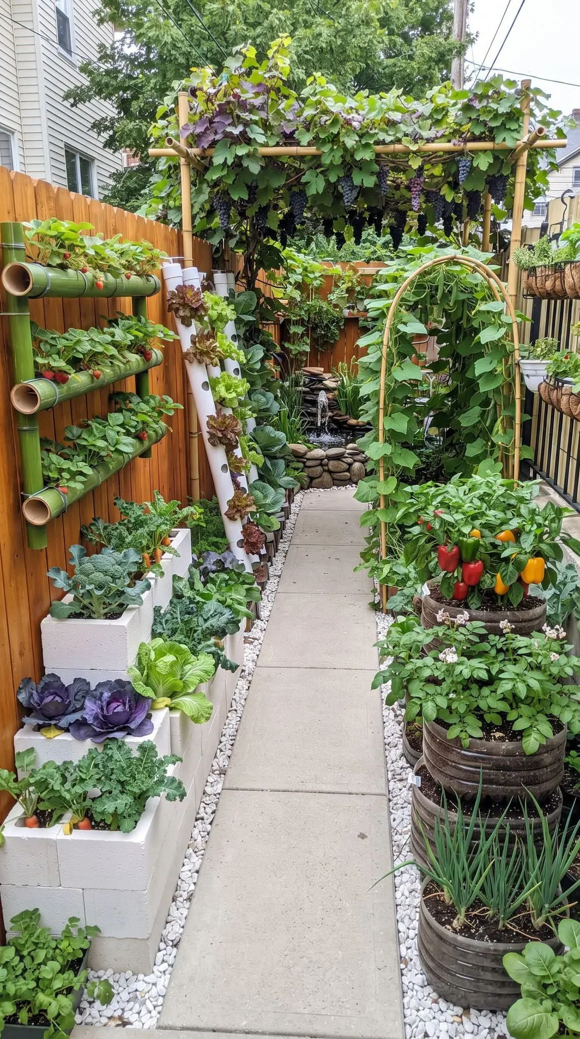 A lush garden pathway bordered with potted vegetables, herbs, and grapevines with purple grapes hanging from a bamboo trellis. A small pond with a water feature is at the end of the path, surrounded by rocks. The garden is enclosed by a wooden fence and neighboring houses are visible in the background.