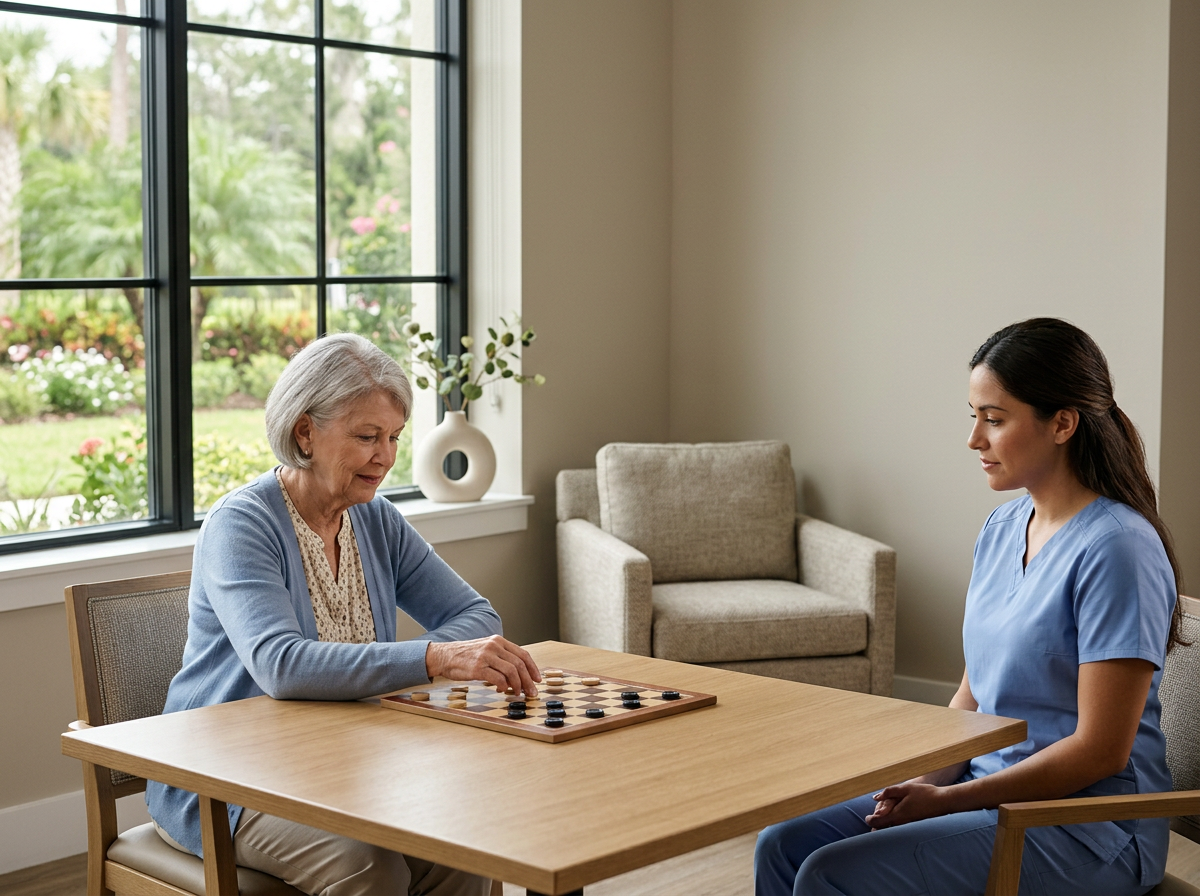 One to one care at New Moon Senior Living. Playing games and exercising the brain.
