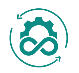 Icon of a gear, infinity symbol, and circular arrow representing automation and continuous operation