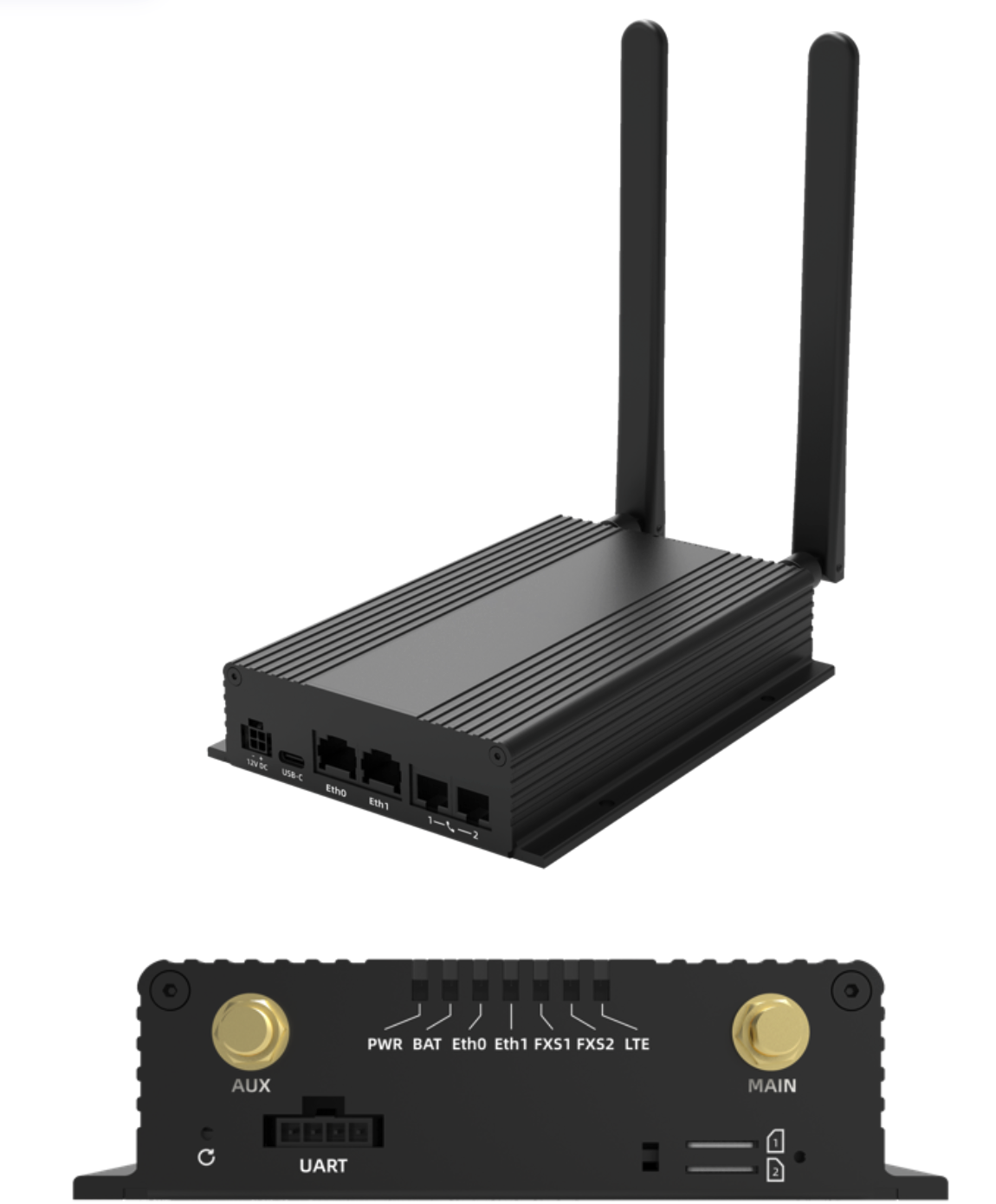 A black industrial router with two tall antennas, multiple ports including USB-C, Ethernet, and power, viewed from the front and side angles.