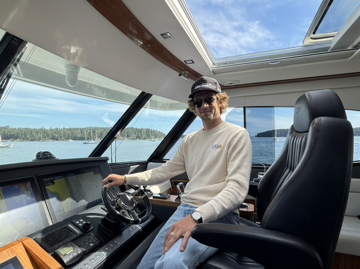 A man in a white sweatshirt and black cap sitting in the control chair of a boat's bridge, with large windows showing a body of water and boats outside, and a skylight overhead.