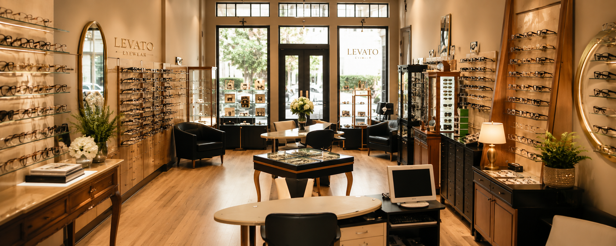 Interior of an eyewear store with display shelves of glasses, a central table with a flower vase, seating area, and front door with large windows.