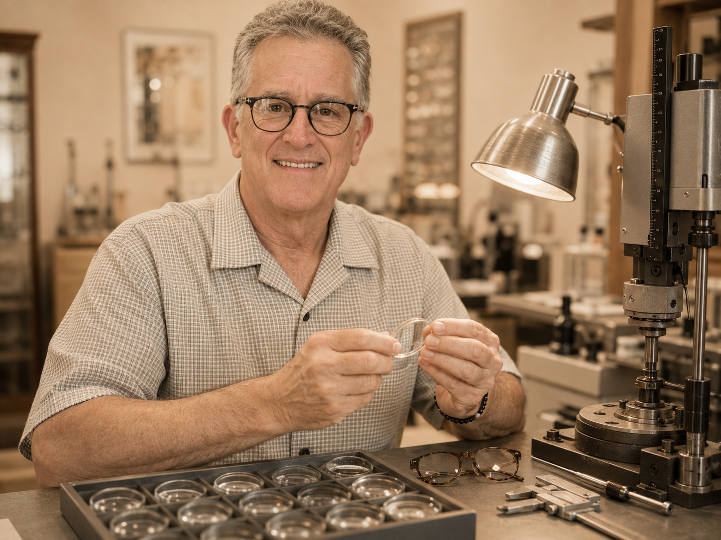 A man wearing glasses and a checkered shirt working with a jewelry loupe in a workshop with various tools, a lamp, and eyeglasses on the table.