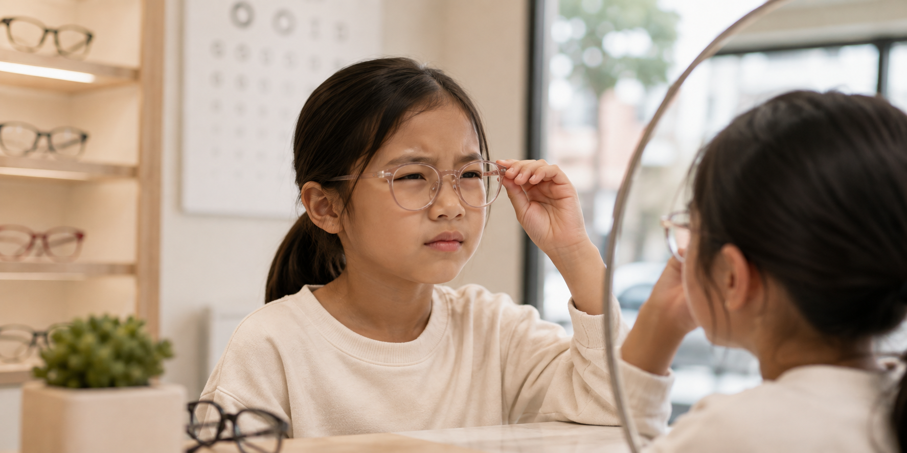 A young girl with glasses trying on a pair of glasses in an optical store, looking at herself in a mirror.