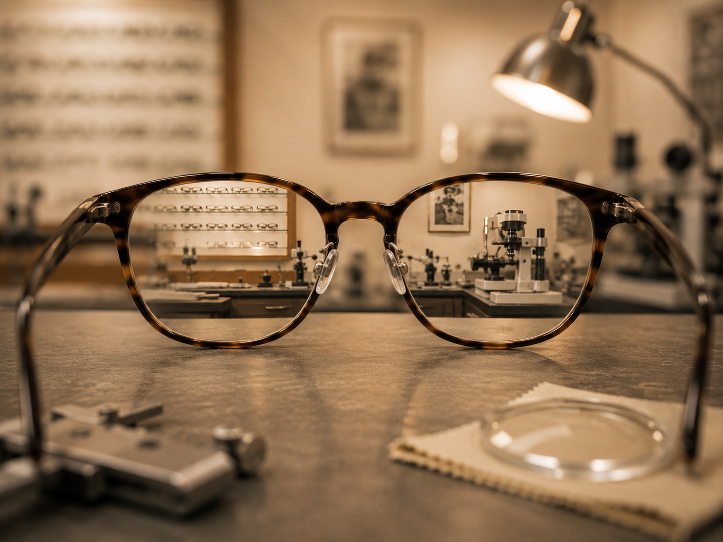 Close-up of tortoiseshell eyeglasses reflected in a mirror, with a blurred background of an optician's or eyeglasses store showing frames on a wall and eye examination equipment.