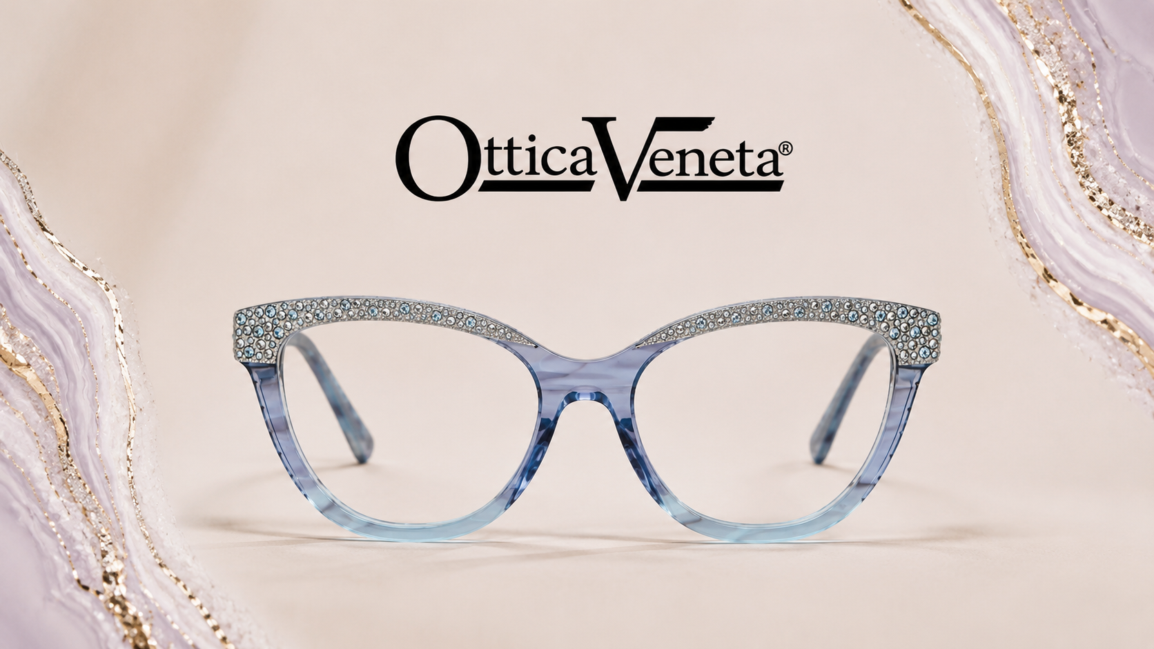 A pair of designer eyeglasses with a rhinestone-embellished top frame, set against a soft beige background. The brand name 'Ottica Veneta' is displayed above the glasses, with decorative purple and gold accents on the sides.