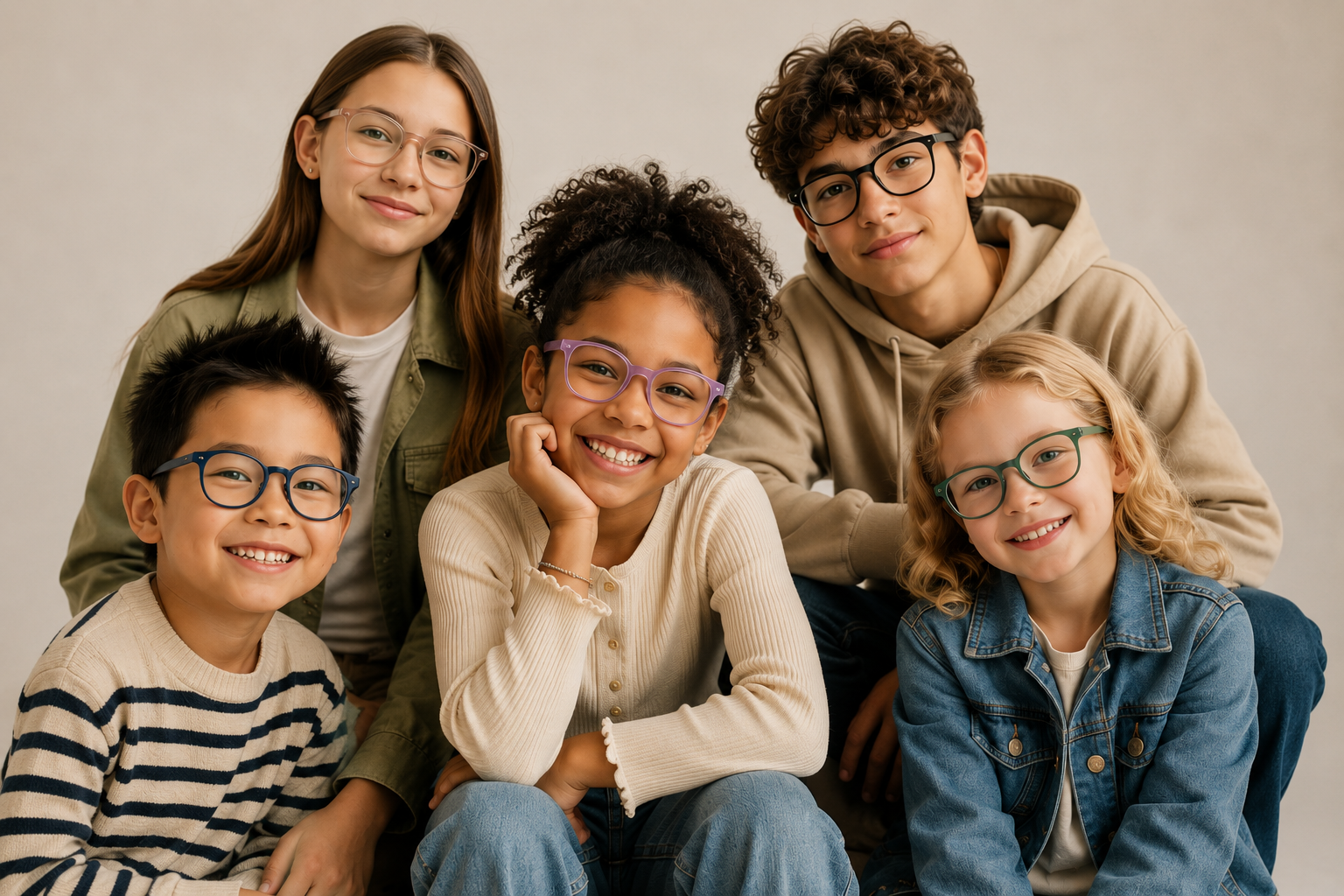 Group of six diverse children smiling and posing together, wearing colorful glasses, against a neutral background.