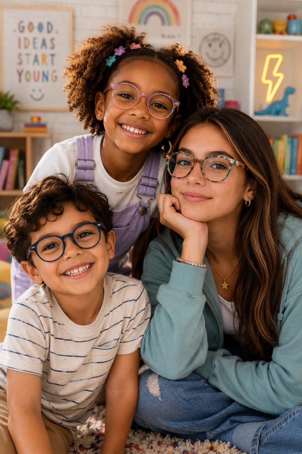 A group of three children and one adult woman smiling and posing together in a colorful room with shelves, books, and wall decorations.
