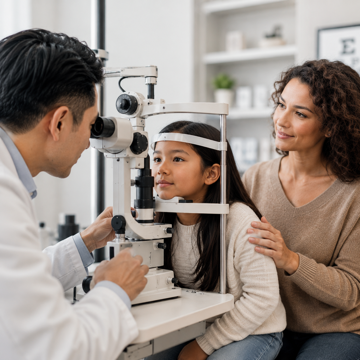 Optometrist examines a young girl's eyes with specialized equipment, while her mother looks on in a clinic.