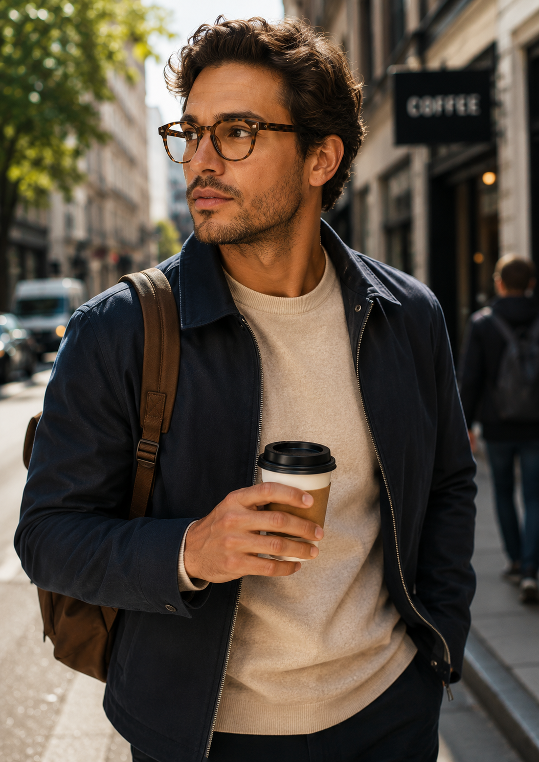 A young man with curly dark hair, glasses, and light skin holding a disposable coffee cup while walking on a city street with buildings and trees in the background.