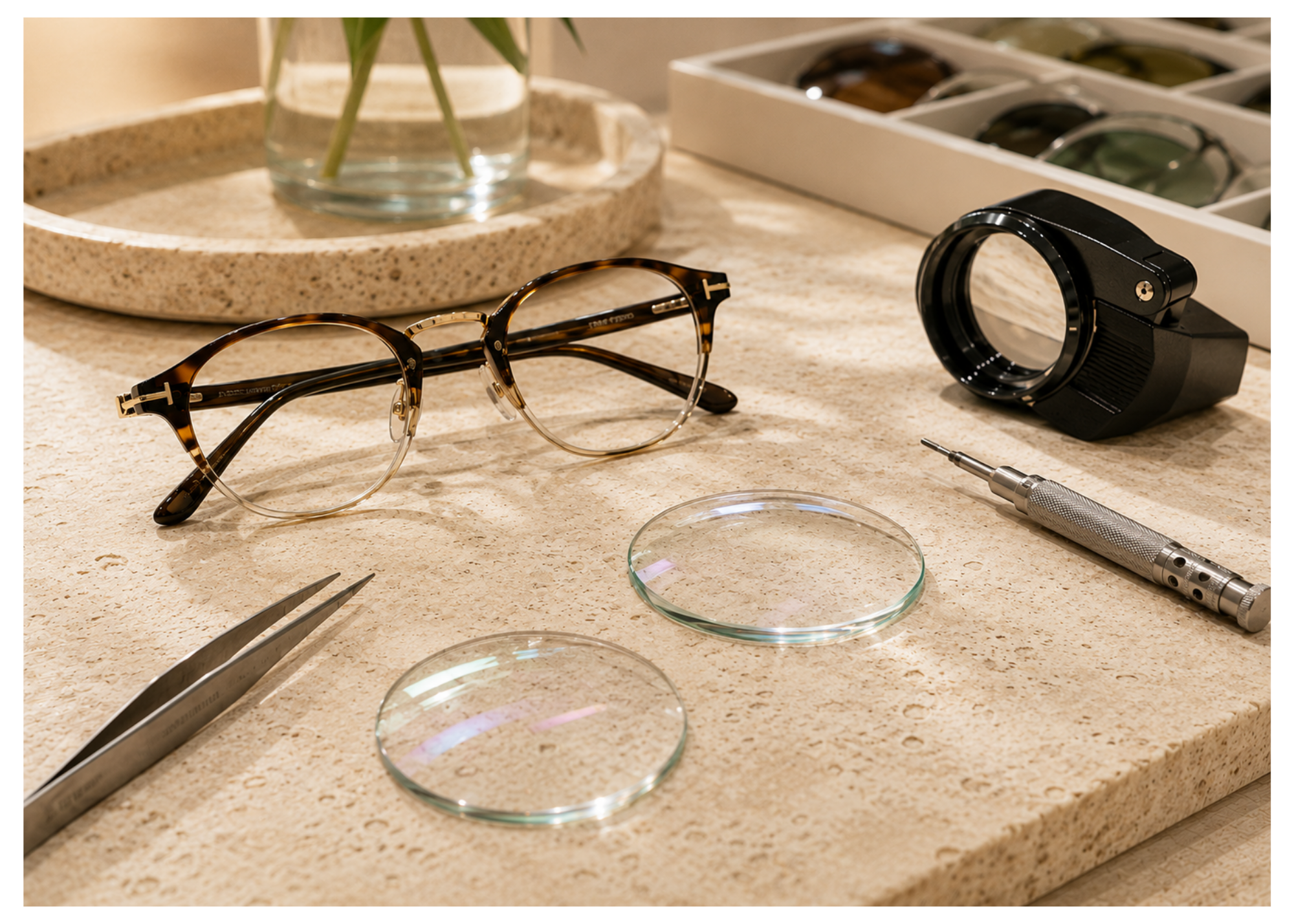 Eyeglasses, a pair of tweezers, a watchmaker's loupe, glass petri dishes, and a box of lens filters on a beige work surface.