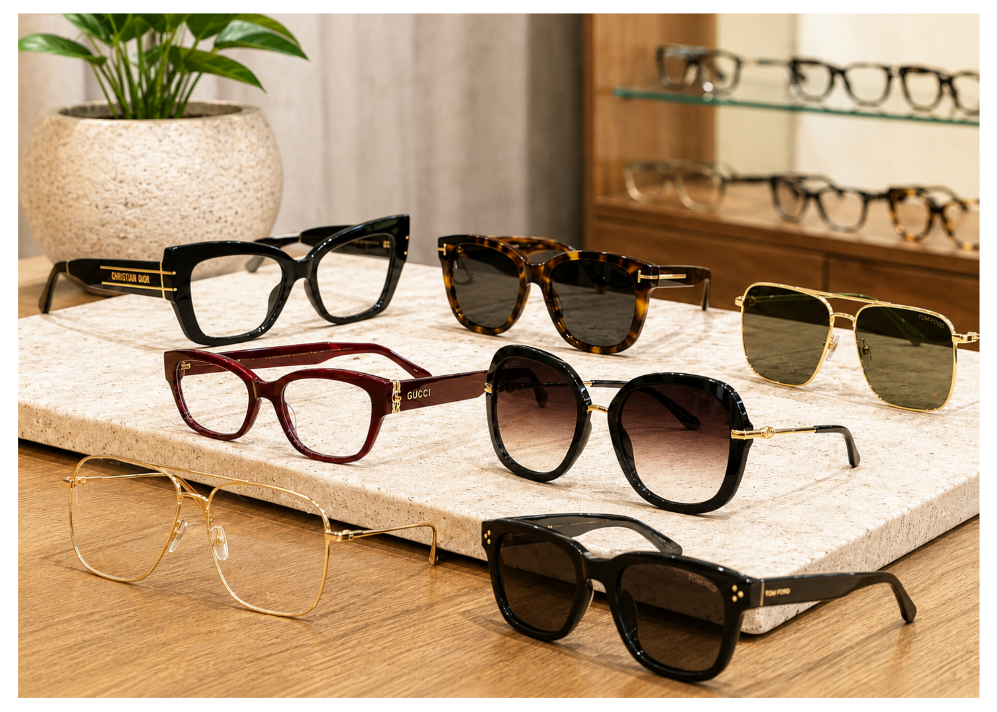 Display of various designer sunglasses on a textured, beige stone tabletop with a potted plant and glasses shelf in the background.
