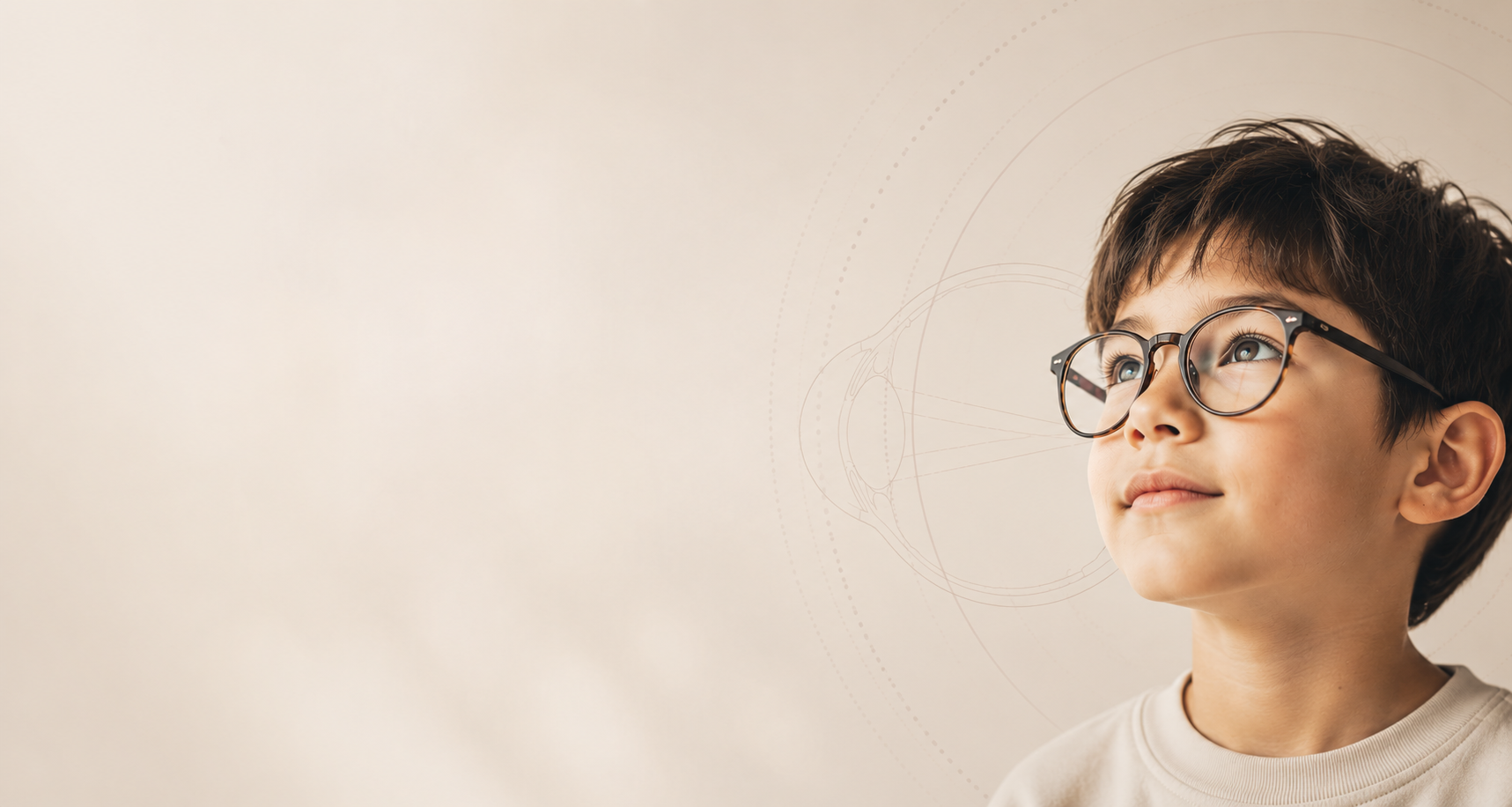 A young boy with glasses looking to the right with a neutral expression, light background with subtle circular design elements.