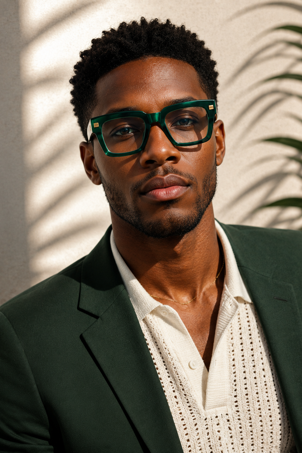 A close-up portrait of a man with curly hair, green glasses, wearing a green blazer and cream-colored shirt, with shadows of leaves on the background wall.