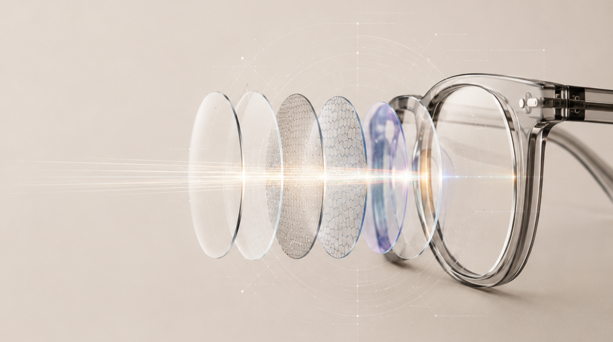 A close-up of a camera lens with multiple lens elements and reflections.