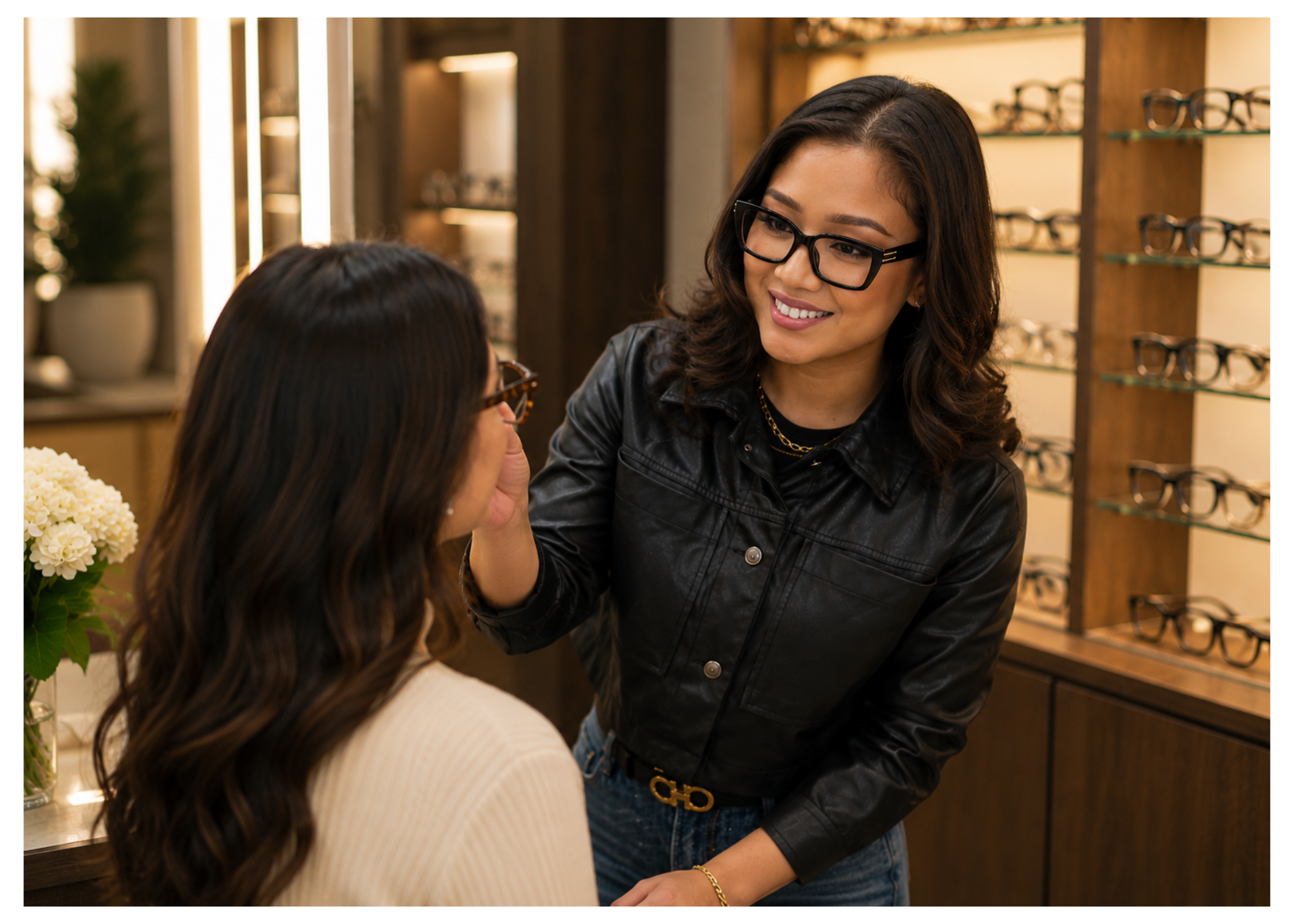 An optician helps a customer try on glasses inside an eyewear store with shelves of glasses in the background.