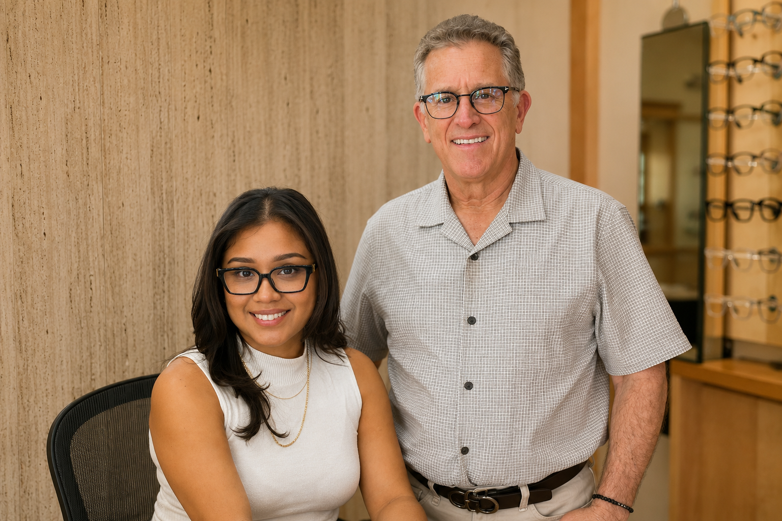 A young woman with black hair, glasses, and a white sleeveless top sitting at a desk, and an older man with gray hair, glasses, wearing a checkered shirt standing beside her, smiling inside an office setting.