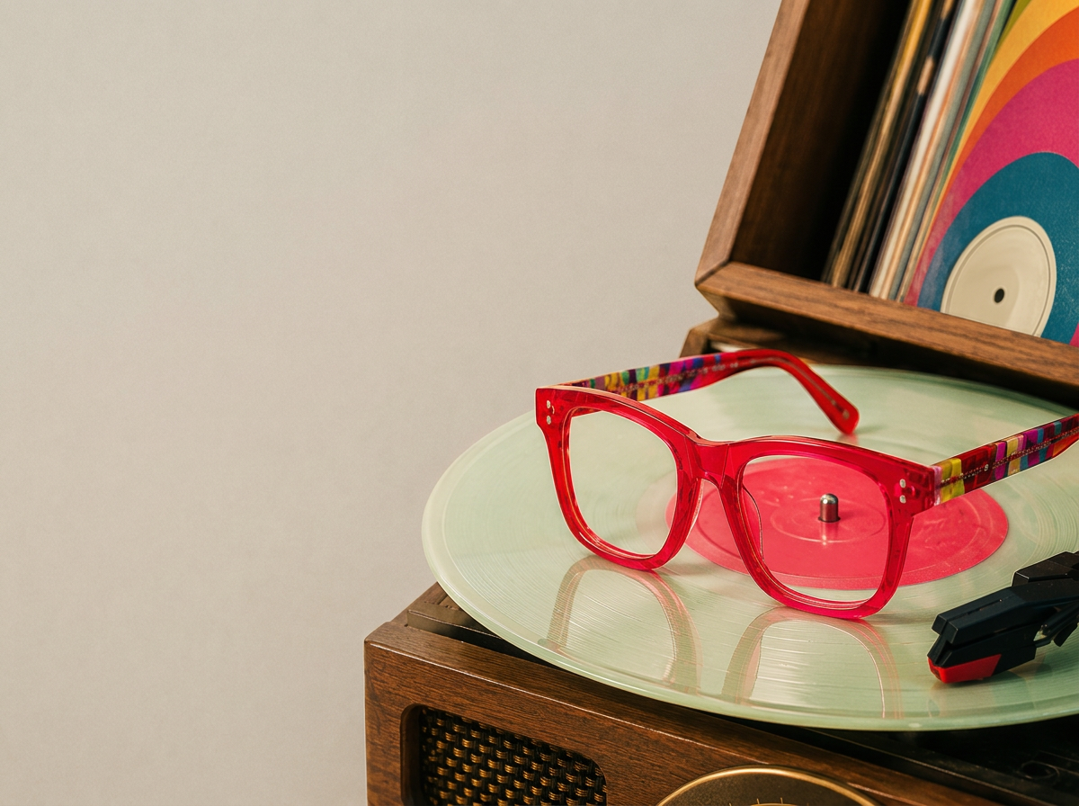 Red glasses resting on a vinyl record on a vintage record player with colorful records in a wooden case.