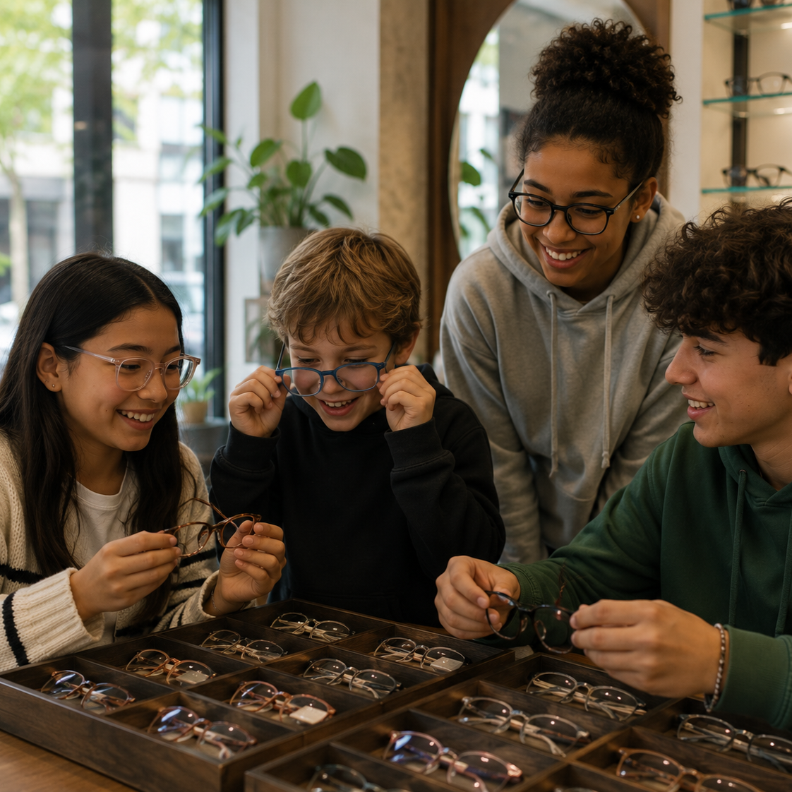 A group of four young people shopping for glasses at an eyewear store. They are examining various frames, seated at a table with organized glasses. They seem happy and engaged, with large windows and plants in the background.