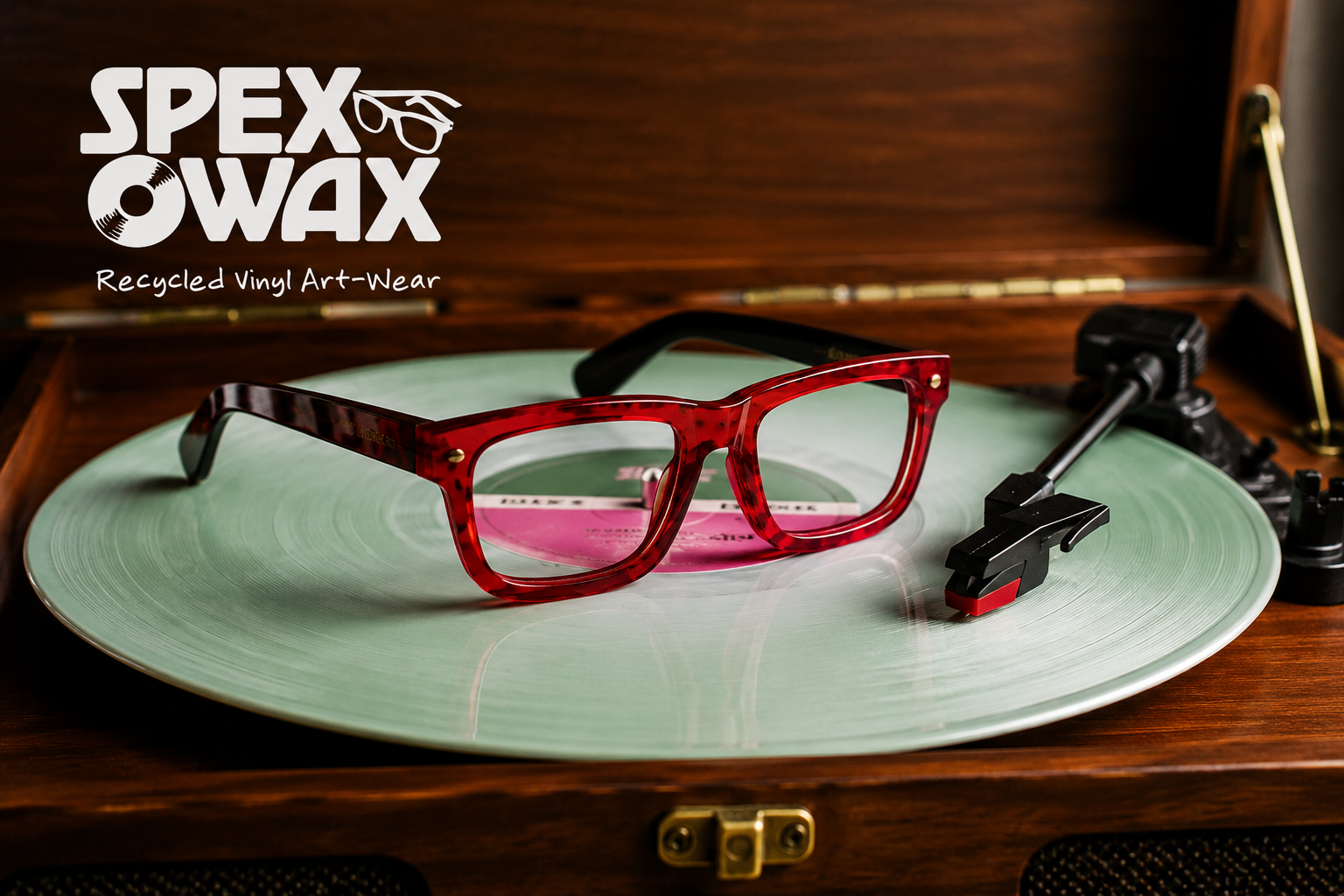 A pair of red and black sunglasses resting on a green recycled vinyl record in an open wooden storage case, with a tonearm of a turntable nearby, and a logo for Spex WAX, a recycled vinyl art-wear company, in the top left corner.