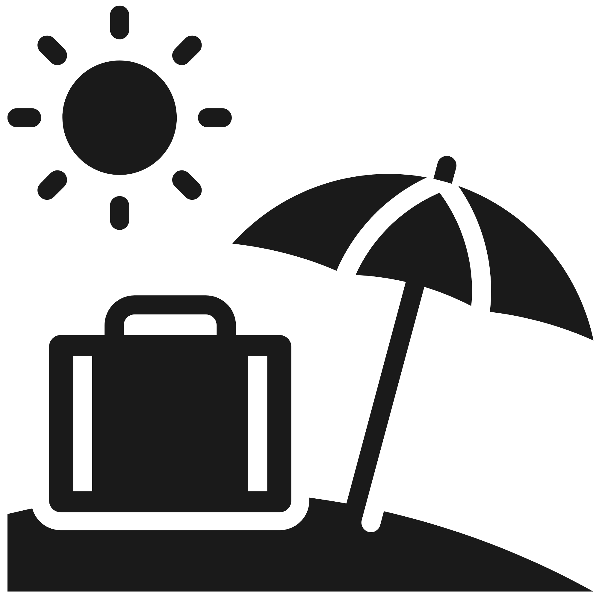A simple black and white outline illustration featuring a sun, an umbrella, and a briefcase, symbolizing outdoor work or travel in sunny weather.