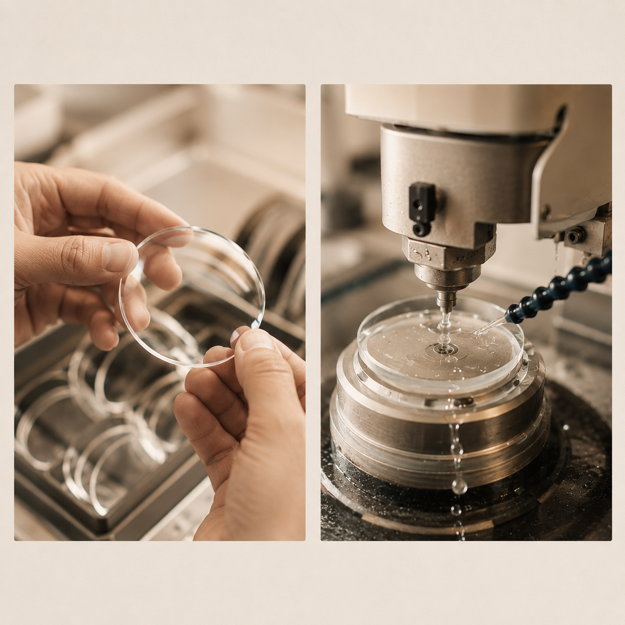 A person is holding a circle-shaped glass disk in front of a tray filled with multiple similar glass disks, and a machine grinding or polishing a glass disk with water and a rotating abrasive tool.
