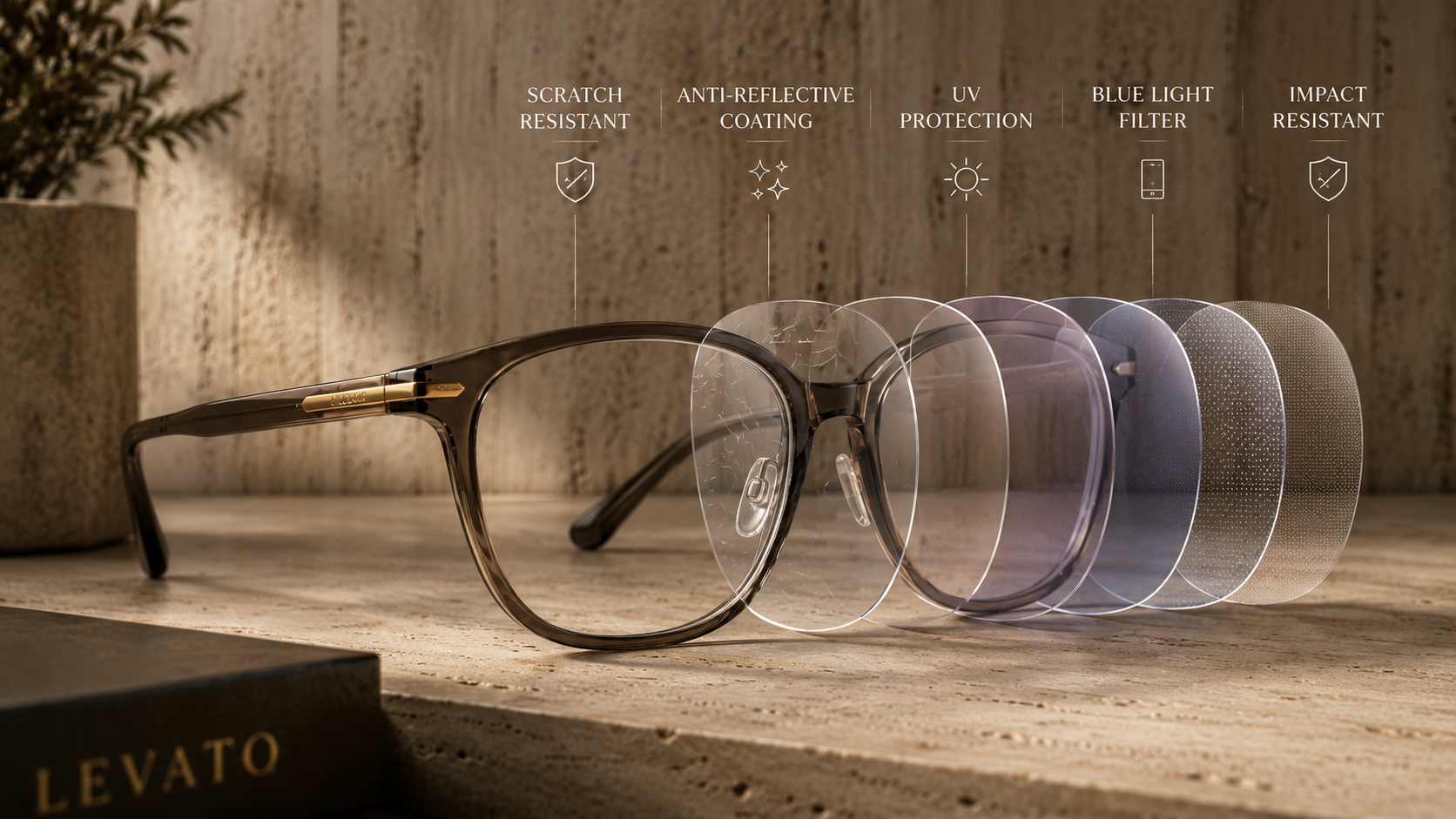 A pair of eyeglasses with a dark frame and gold accents, displayed on a wooden surface with five interchangeable lenses layered behind it, each labeled with its features like scratch resistant, anti-reflective coating, UV protection, blue light filter, and impact resistant.