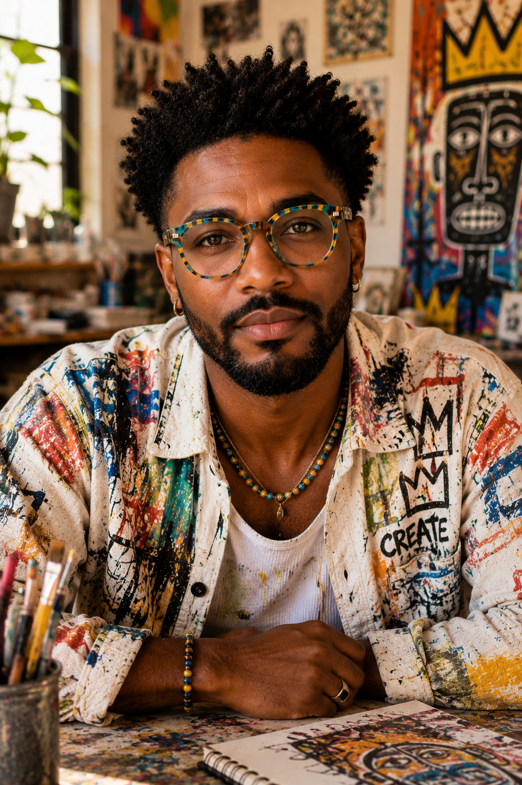 A man with dark curly hair, glasses, and facial hair, sitting at a table in an art studio. He wears a colorful, paint-splattered shirt with the words 'I AM CREATE' written on it. The background features vibrant artwork and paintings.