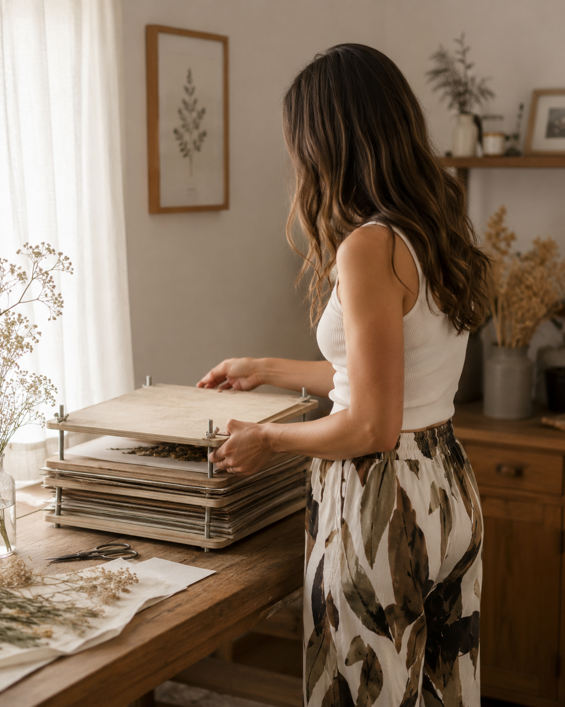 A woman with wavy brown hair wearing a white sleeveless top and patterned pants standing at a wooden table organizing dried flowers and botanical materials in a home setting.