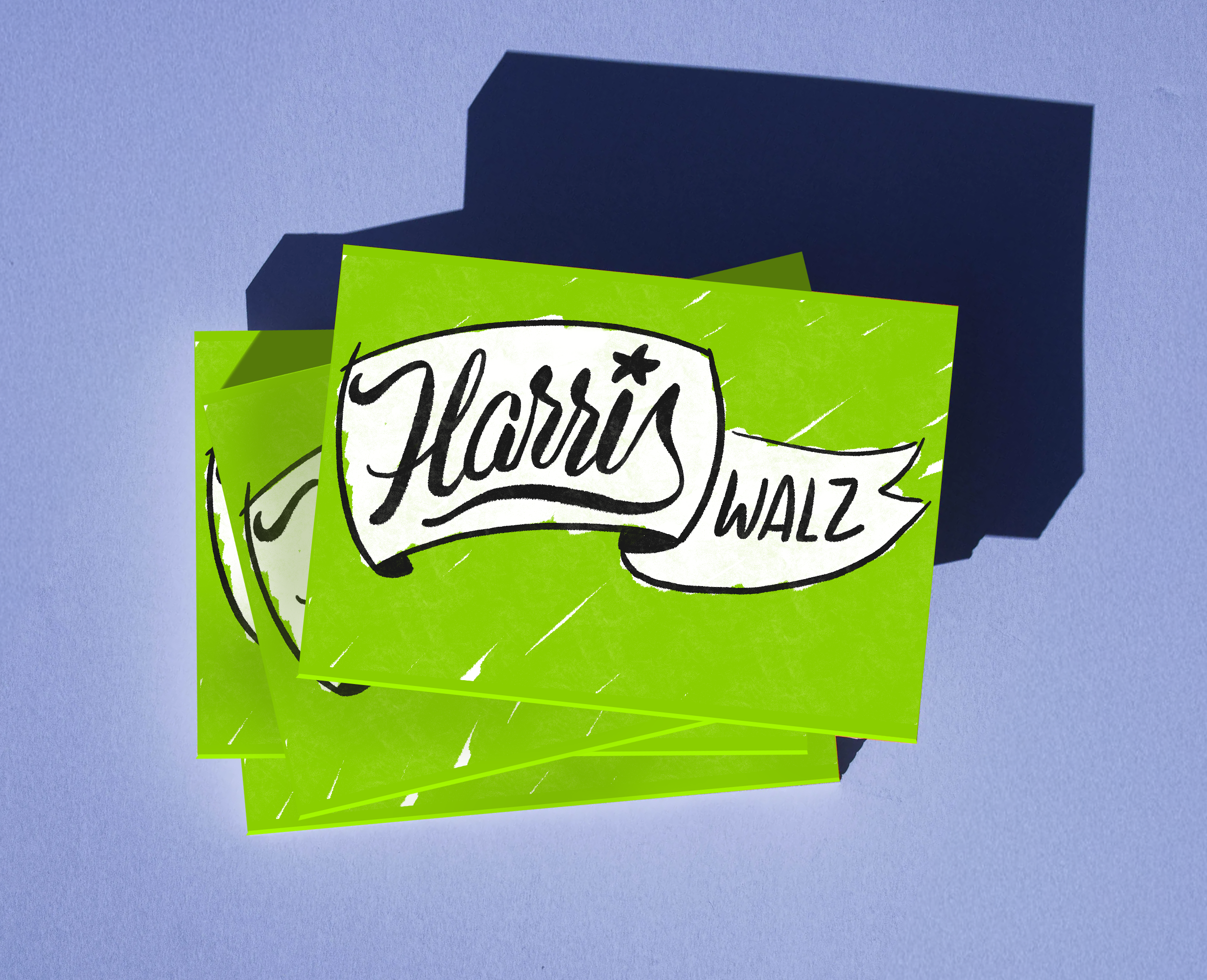 Stacks of green snack bags with a white and black logo, cast shadows on a purple surface.