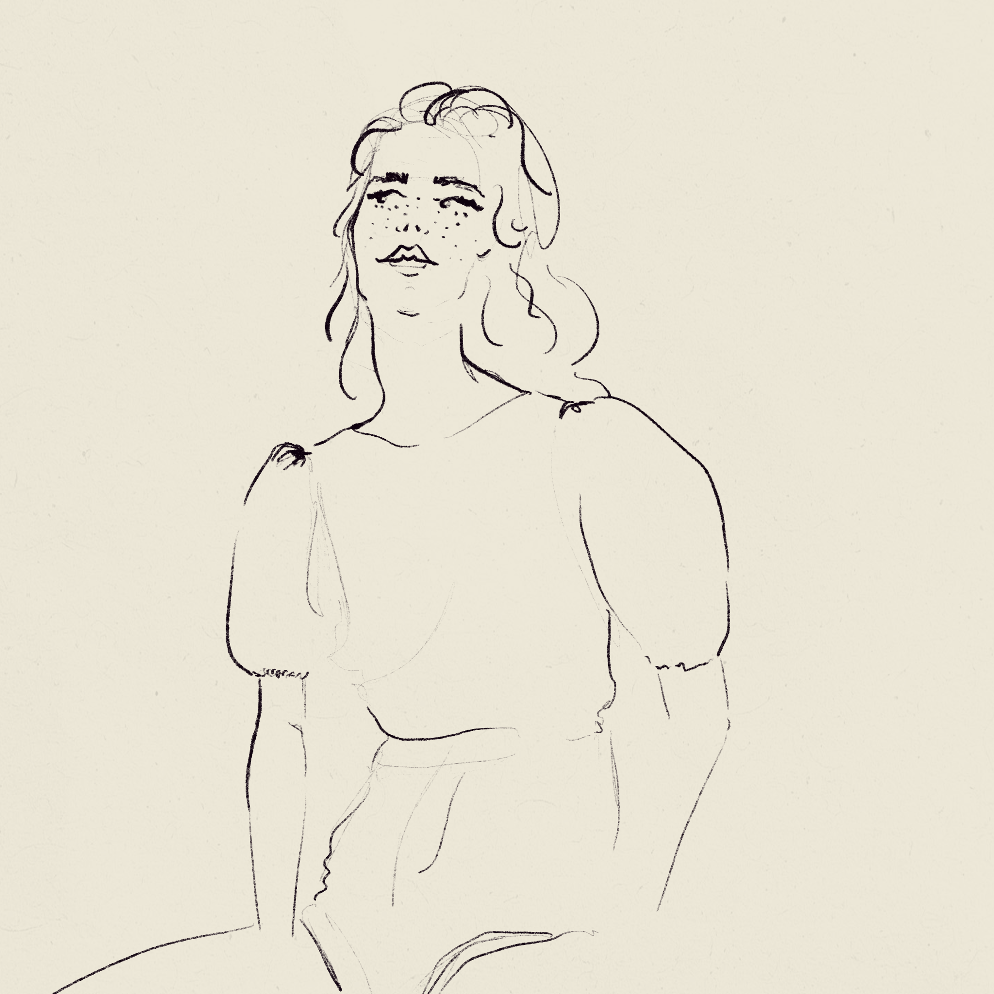 A line drawing of a woman with shoulder-length hair, freckles, and a modest expression, with only her face and upper shoulders visible.