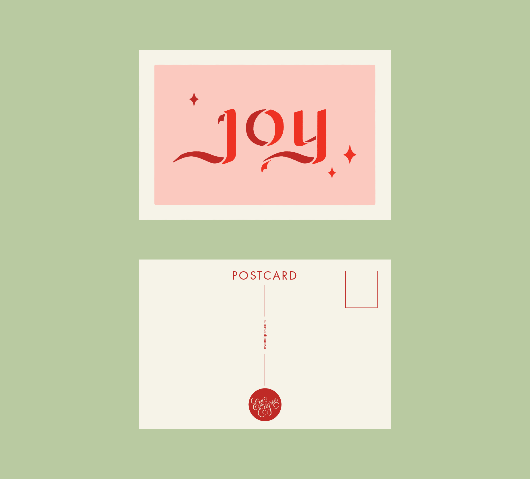 A vintage-style postcard with a light green background and a centrally placed design featuring the word 'Joy' in red decorative script on a pink background, with small star-like accents around it.