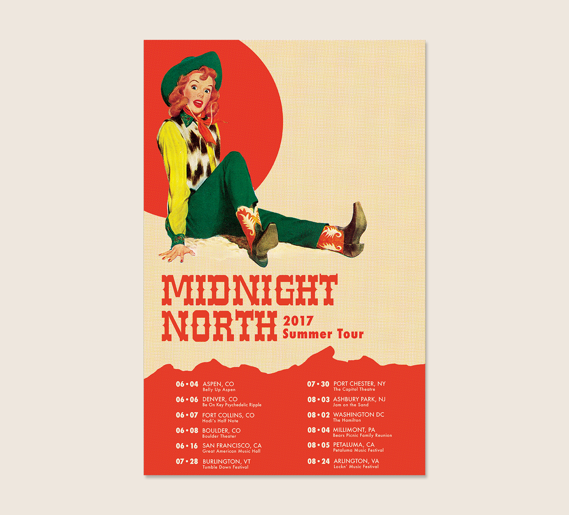 Promotional poster for a summer music tour in 2017 featuring a woman in cowboy attire sitting in front of a red circle with yellow background. The poster lists dates and locations for concerts in various U.S. cities.