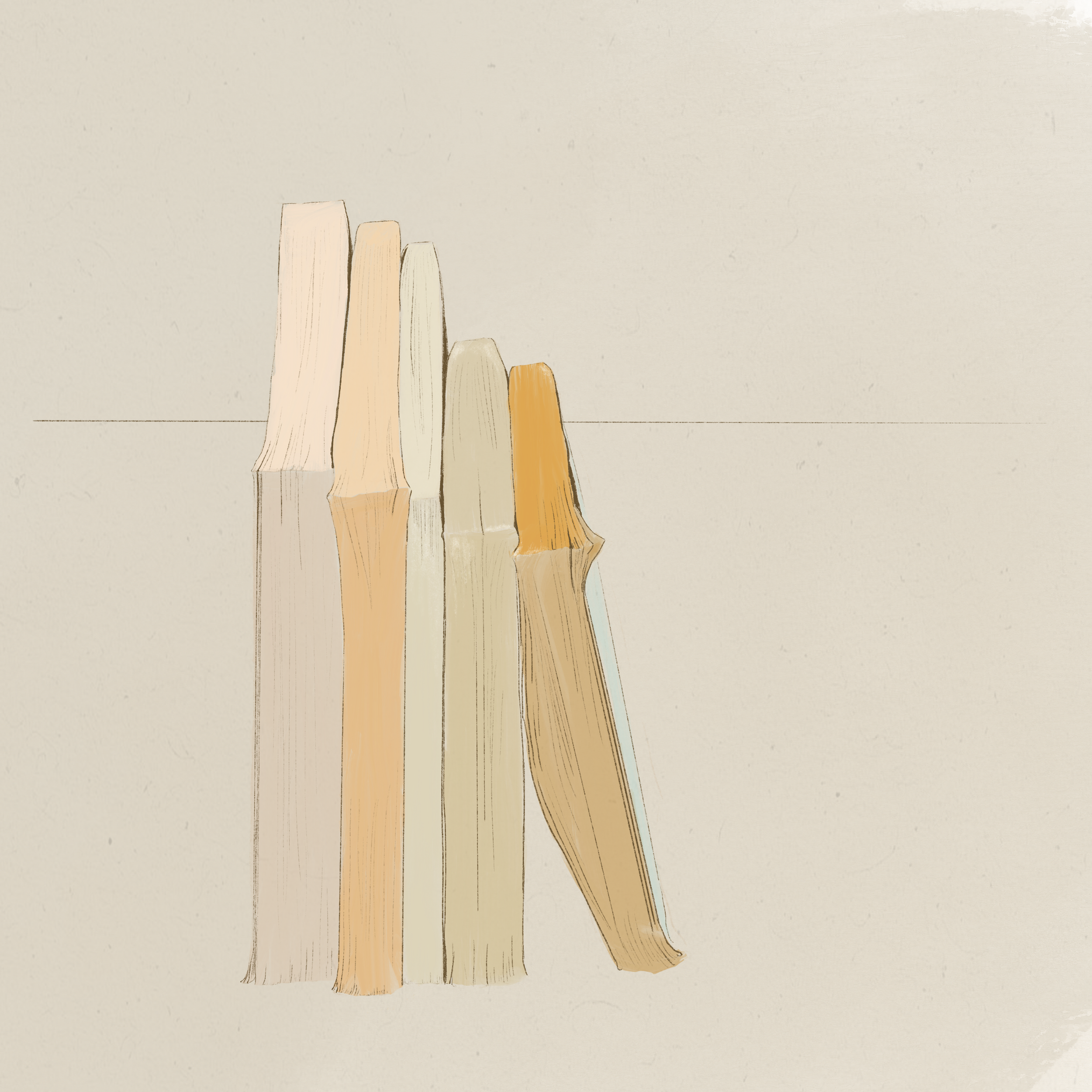 Colored wooden blocks of varying heights lined up on a flat surface against a beige background.