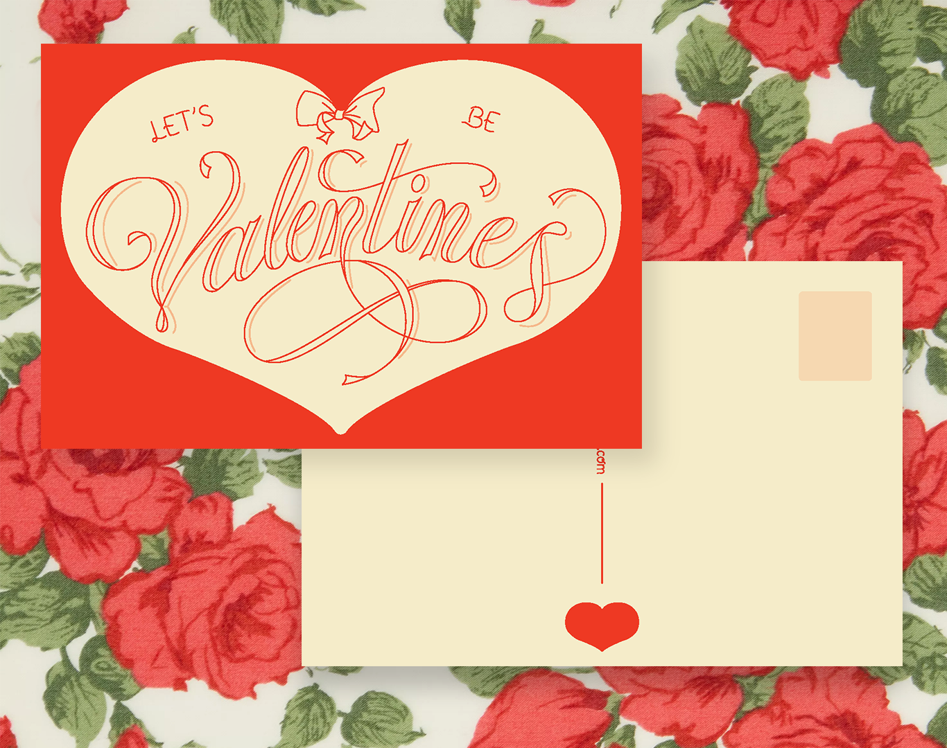 Valentine's Day card with a large cream-colored heart on a red background, surrounded by a floral pattern of red roses with green leaves. The card has red cursive text inside the heart that says "Let's Be Valentine" with a small bow above the word "L