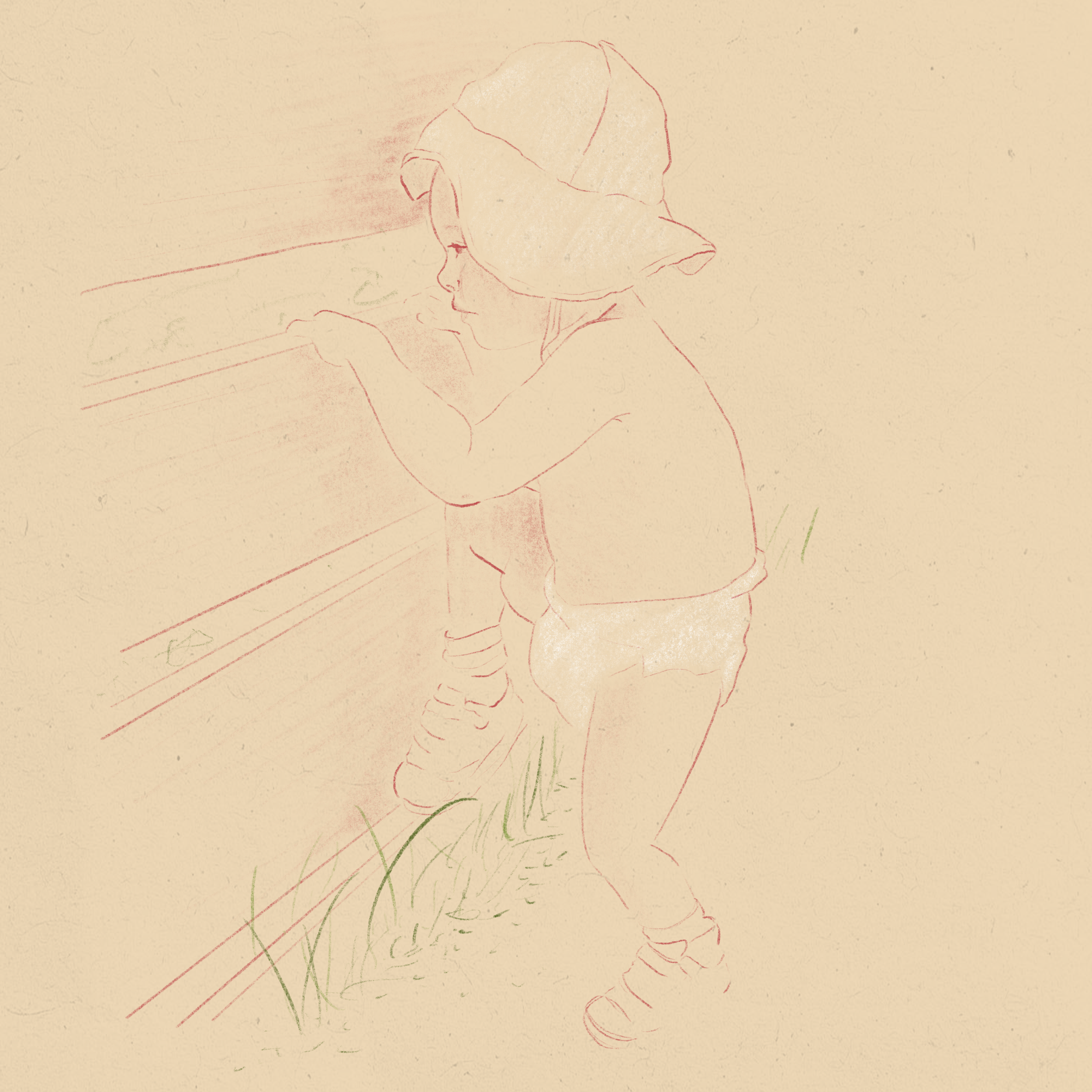 A woman wearing a hat is crouched down, touching the grass near a small pond or creek, in a natural outdoor setting.